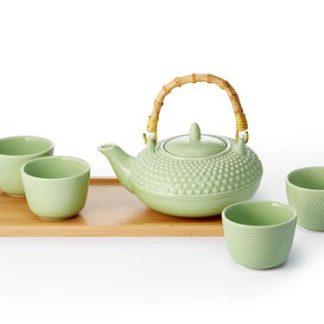 Set da Tè in porcellana color Verde Acqua con vassoio in bambù