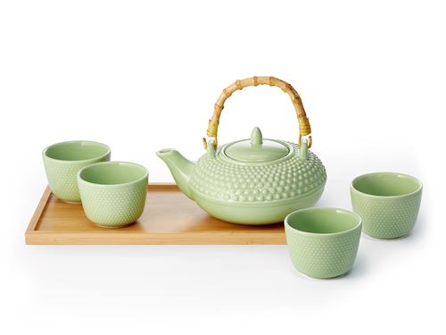 Set da Tè in porcellana color Verde Acqua con vassoio in bambù