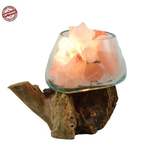 Lampada di Sale Unica con Tronchetto in Legno