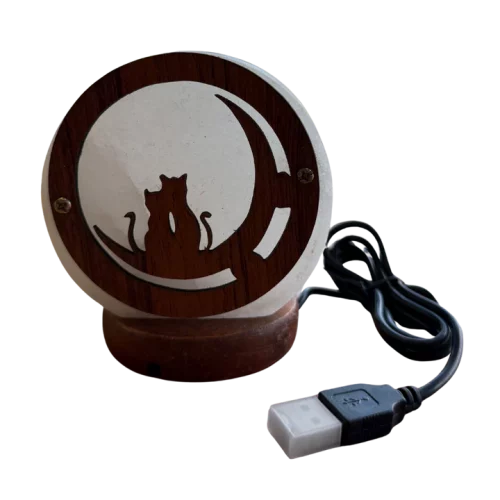 Lampada Sale Bianco Piccola con Gattini Seduti su Luna